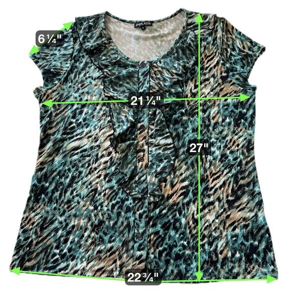 Carol Rose Top Blouse Turquoise Brown Black Ruffles Around Neck Down Front Sz XL - Picture 8 of 8
